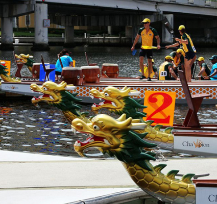 row of dragon boats at dock